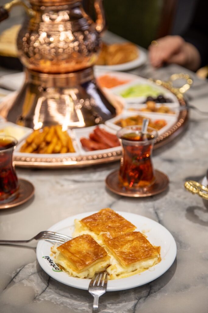 Turkish breakfast with borek and tea at Antepli in Paterson, NJ