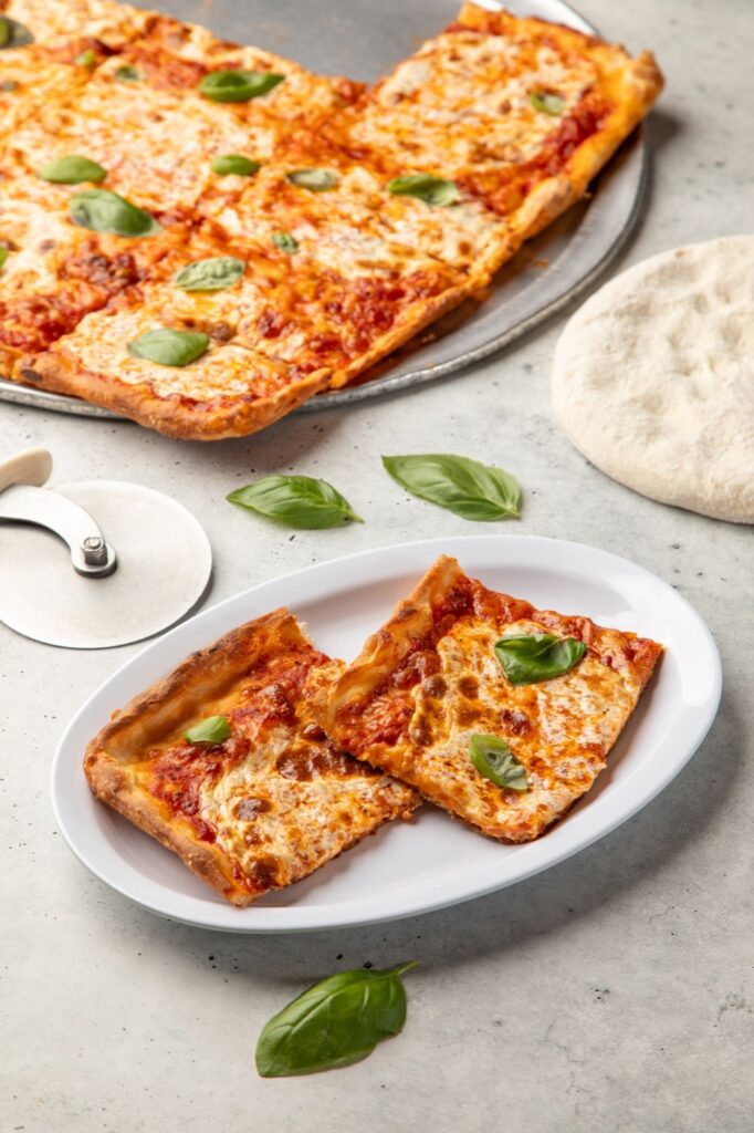Square grandma pizza with fresh basil at Brother Bruno's Pizza, Deli & Bagels in Wayne, NJ