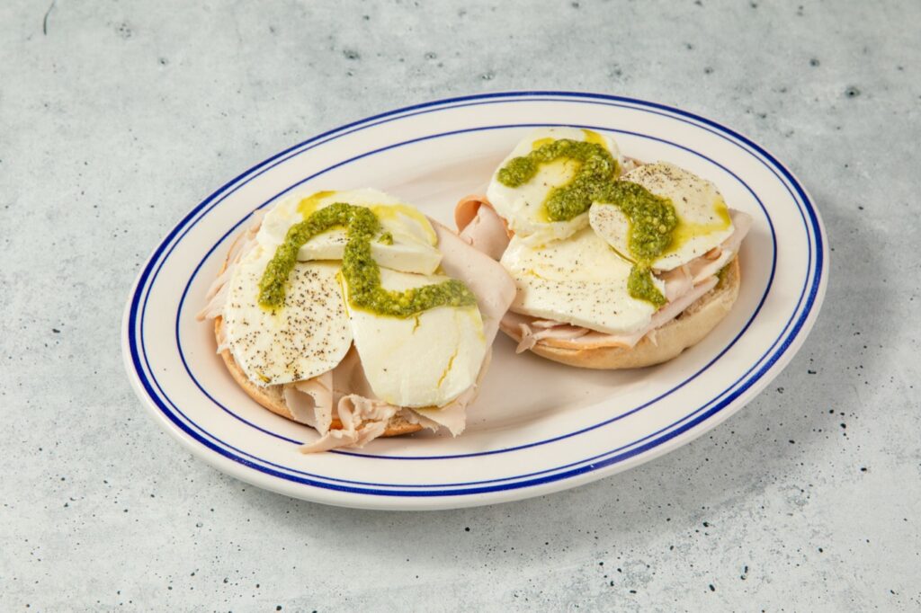 Turkey, fresh mozzarella and pesto bagel at Dough Bros in Williamsburg, Brooklyn