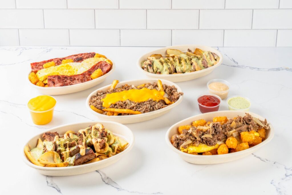 Cheesesteak, steak, and breakfast bowls with sauces at Dukes Steaks & Wings in Paterson, NJ