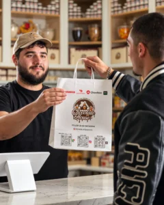 Takeout order handed to a customer in a bag with delivery app logos