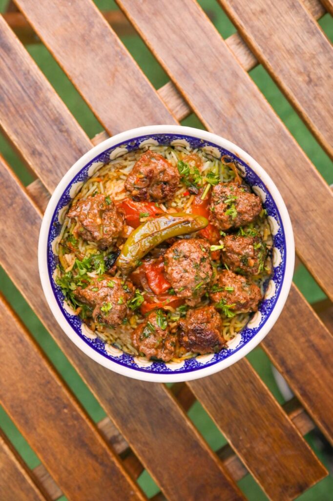 Kofta meatballs over herbed rice at Lava restaurant in Manhattan, New York