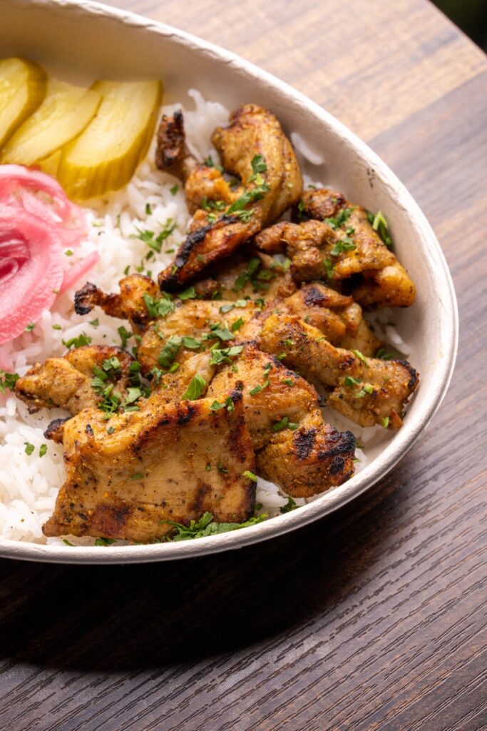 Grilled chicken rice bowl at Sheinkin in Teaneck, NJ