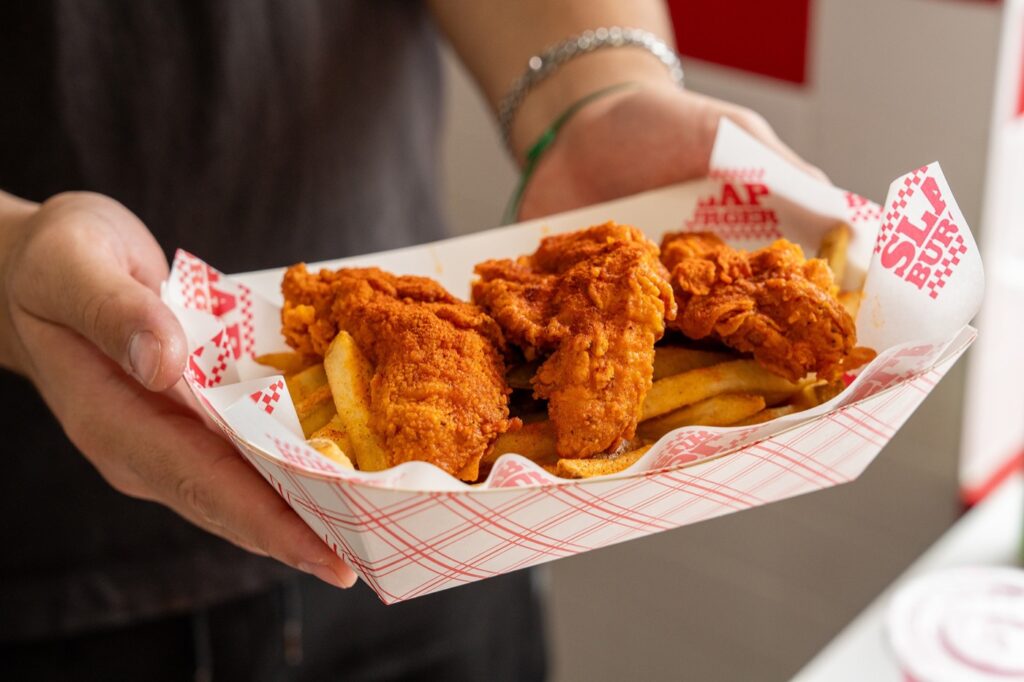 Nashville hot chicken tenders with fries at Slap Burger in Paterson, NJ