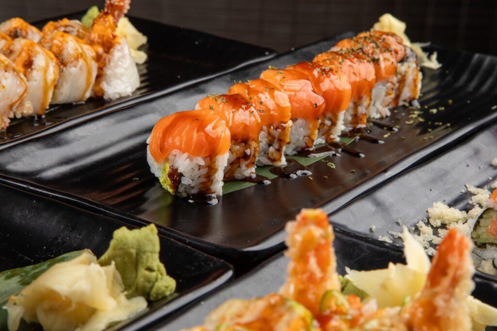 Salmon sushi roll with eel sauce at Sogo Hibachi Grill & Sushi Lounge in Denville, NJ