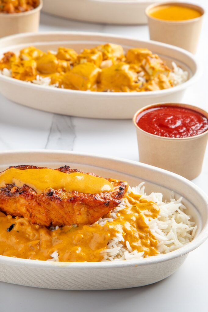 Tandoori chicken over basmati rice with masala sauce at Tandoori Twist in Valley Stream, Long Island