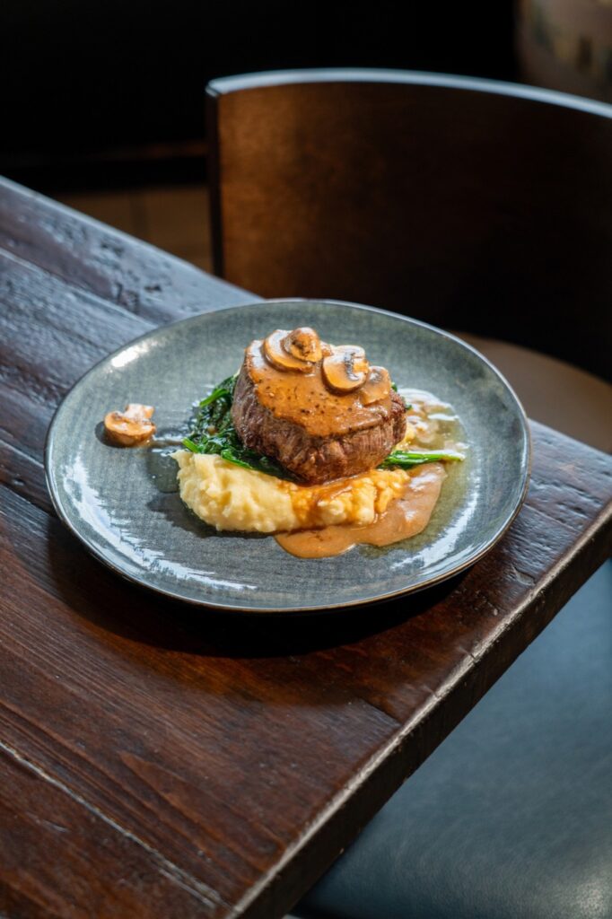 Filet mignon over mashed potatoes and spinach at Taphouse Grille in Hackettstown, NJ