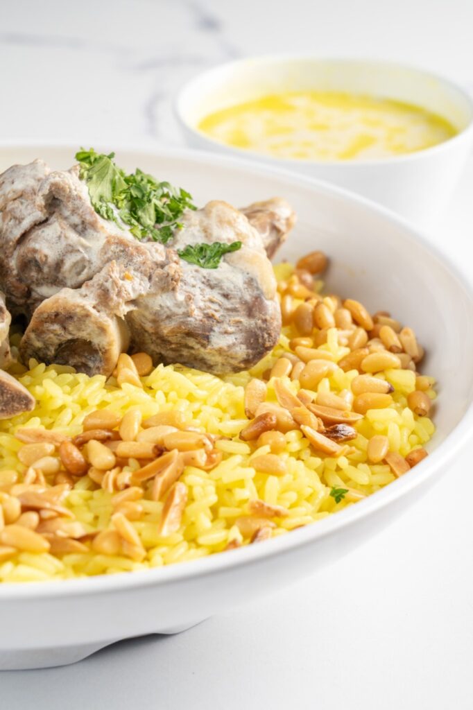Jordanian mansaf with lamb, yellow rice, and pine nuts at The Olive Bistro in Little Falls, NJ